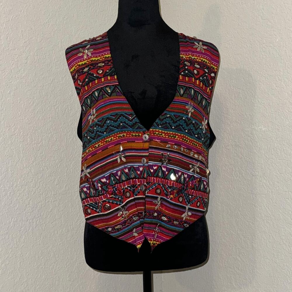 Vintage Fashion Passport Vest Women’s Medium Multi Aztec Pockets Embellished 80s